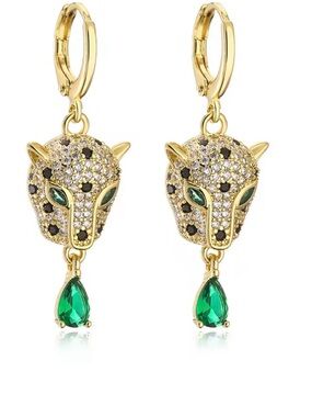 Anthropologie Gold Leopard Head Drop Earrings with Green Stones